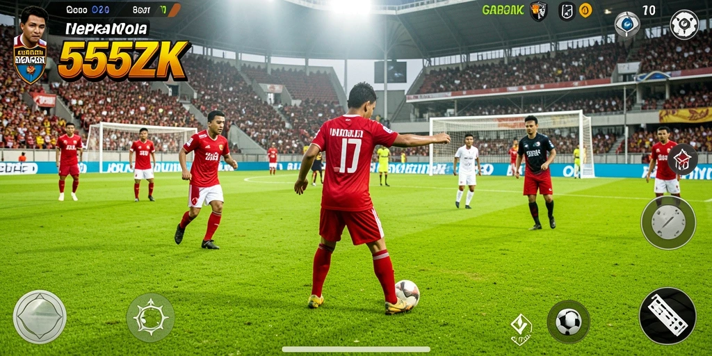 Tampilan gameplay seru dari 555ZK dengan aksi sepak bola yang intens.