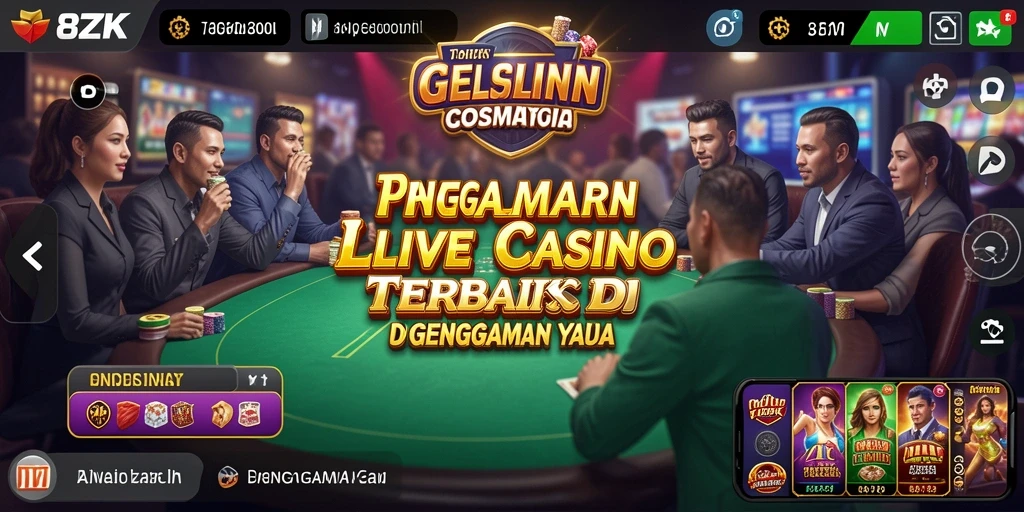 Screenshot gameplay <strong>8ZK</strong> menampilkan dealer langsung dan suasana kasino yang nyata.