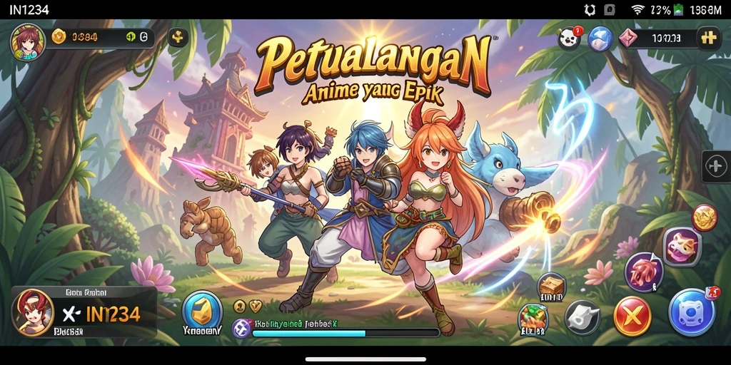 Screenshot gameplay menarik dari IN1234 yang menunjukkan pertarungan karakter anime.