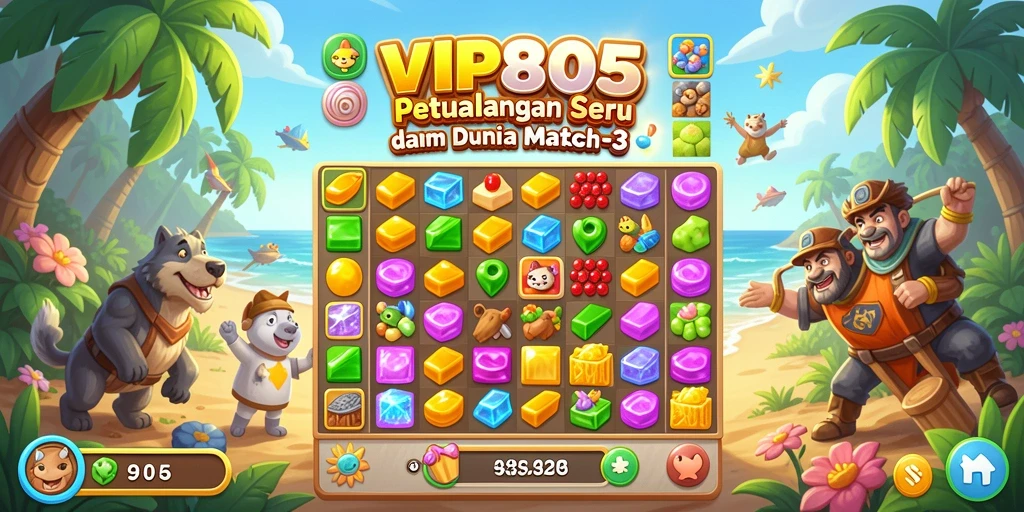 Screenshot menunjukkan gameplay Match-3 yang seru dan penuh warna.